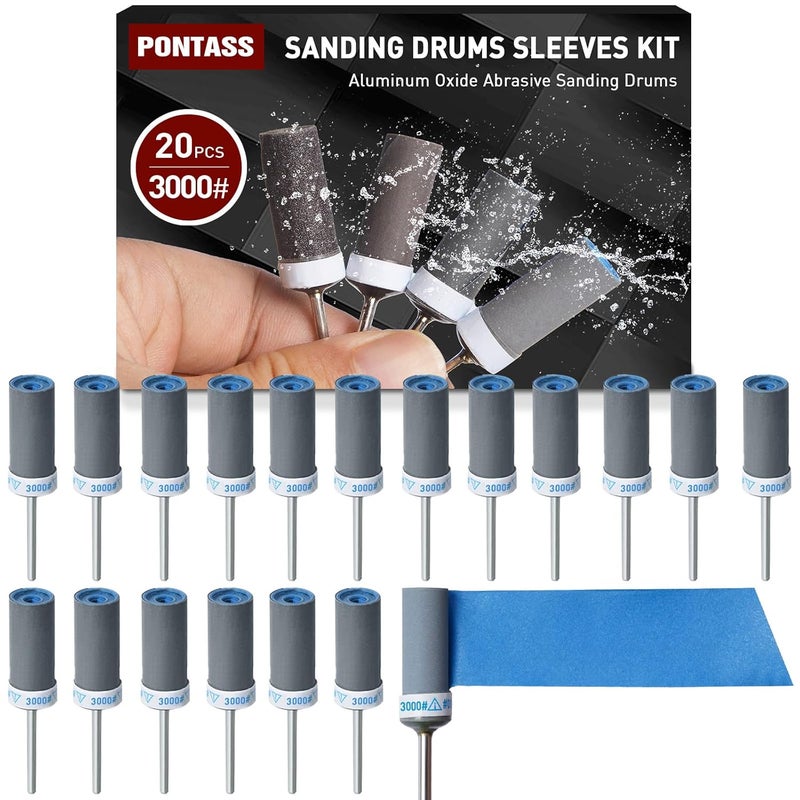 PONTASS 3000 Grit 20 PCS Sanding Drums for Dremel Rotary Tools Accessories, Sanding Bits Kit for Dremel Sanding Bands with 1/8 inch Shank, Sandpaper Sticks Set for Plastic Wood Metal Grinding Polishing - Image 1
